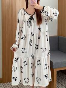 DAZY Women Cute Rabbit Pattern Contrast Trim Drawstring Nightgown
