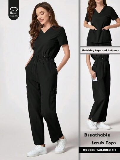 TaskEZ Pantalones de uniforme con cintura elástica de unicolor