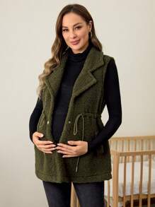 SHEIN Maternity Fuzzy Collar Button Vest Jacket, For Autumn & Winter Pregnancy - Army Green - View 7