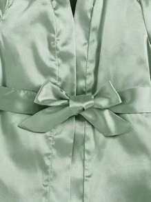 SHEIN 新生女孩柔软纯色缎面长袍带领带 - 薄荷綠 - 查看 3