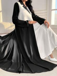 Al Najma Women's Color Block Lapel Neck Long Batwing Sleeve Long Loose Modest Maxi Arabian Robe Abaya, Elegant Style For Casual Daily/Work/Evening Parties/Wedding Guest - Black and White - View 2