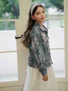 Girls' Floral All-Over Print Jacket, Countryside Style, Autumn - Blue - View 4