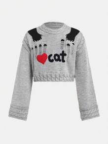 Tween Girl Autumn/Winter Sweater New Arrival. Short Crew Neck Loose Pullover Designed With Soft Yarn, Showcasing Unique Personalized. Gray Tone Displays Style. Cute Cat Design Adds Streetwear Charm, Suitable For Wearing In Spring, Summer, Autumn And Winter. Soft Yarn Velvet Material Is Gentle On Skin, Lightweight And Comfortable, Providing A Cozy Wearing Experience. Suitable For Various Occasions: Casual, School, Gathering, Shopping, Christmas Party, Etc.