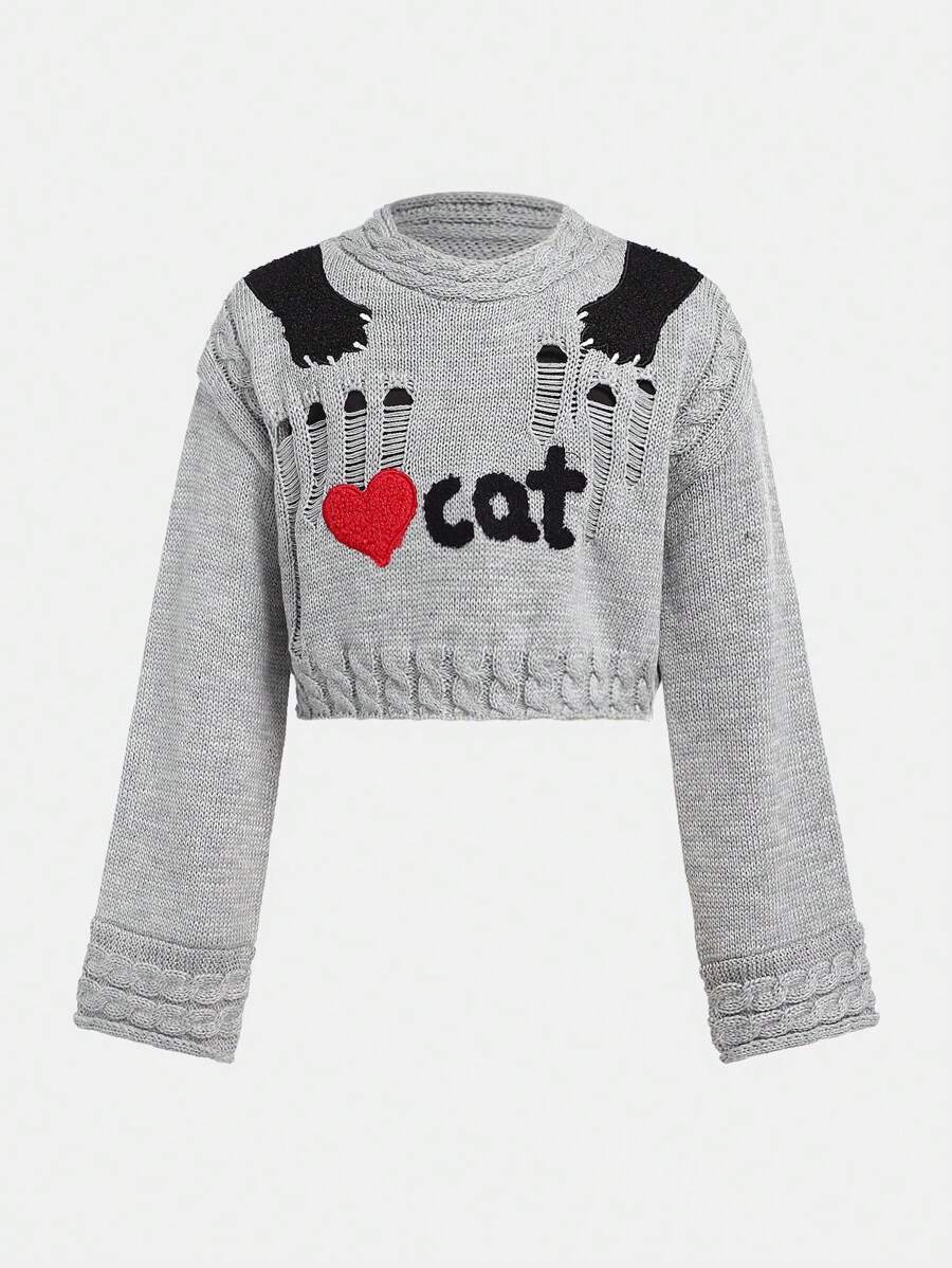 Tween Girl Autumn/Winter Sweater New Arrival. Short Crew Neck Loose Pullover Designed With Soft Yarn, Showcasing Unique Personalized. Gray Tone Displays Style. Cute Cat Design Adds Streetwear Charm, Suitable For Wearing In Spring, Summer, Autumn And Winter. Soft Yarn Velvet Material Is Gentle On Skin, Lightweight And Comfortable, Providing A Cozy Wearing Experience. Suitable For Various Occasions: Casual, School, Gathering, Shopping, Christmas Party, Etc.