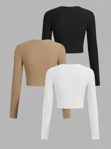 SHEIN EZwear 3pcs Plus Size Set Fitted Cropped Long Sleeve T-Shirts - Multicolor - View 2