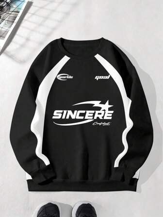 Manfinity Roghcode Men's Colorblock Casual Crew Neck Long Sleeve Pullover Sweatshirt Going Out Street Wear Graphic Sweatshirt, For Friends, Husband, Boyfriend Gifts, For Fall