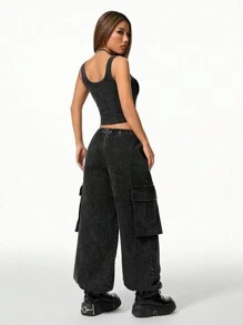 SHEIN EZwear 女士休闲街头装洗水背心运动裤套装 - 黑色 - 查看 4