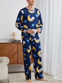 男士全印花圆领长袖上衣和长裤休闲家居服套装 - 彩色 - 查看 4