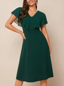 Amorya Vestido verde de largo medio con volantes en el dobladillo para dama - Verde Oscuro - Ver 6