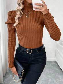 Chiquease 复古泡泡袖罗纹高领修身加厚长袖针织毛衣，欧美秋冬款，秋季 - 卡其色 - 查看 6