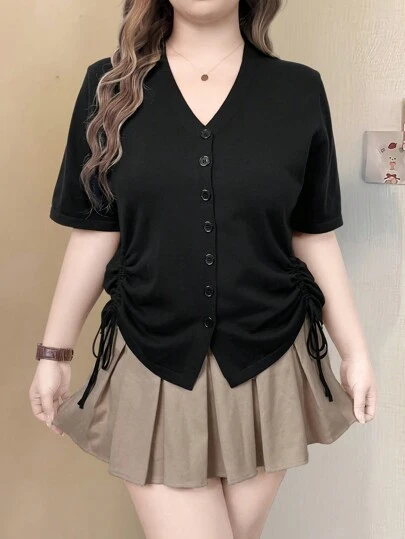 SHEIN EMERY ROSE CURVE 大码春秋休闲纯色抽绳短袖开衫，适合冬季