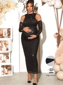 Loomaby SHEIN Maternity  Gender Reveal Dress  Ruched Sequin Mesh Bodycon Dress Long Sleeve Dress For Baby Shower Party - Black - View 2