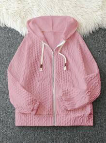 SHEIN LUNE Pink Long Sleeve Hooded Sweatshirt With Pockets, Textured Design, For Autumn/Winter - Pink - View 1