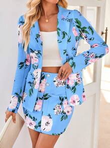 SHEIN Clasi 2pcs/Set Stand Collar Long Sleeve Allover Print Blouse And Mini Skirt Casual Suit - Baby Blue - View 6