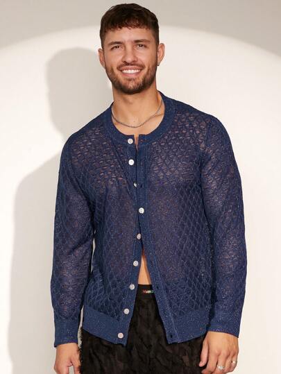 Manfinity Fever City Camisa informal transparente de unicolor con botones para hombres