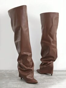 SHUZIA Giày bốt cao gót qua đầu gối dành cho nữ, kiểu dáng stiletto, có nắp gập, thích hợp cho kỳ nghỉ hè, du lịch mùa xuân, lễ Phục sinh và Giáng sinh. - màu nâu - Xem 2