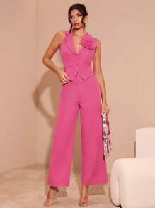 Glamine Áo cổ chữ V không tay cho nữ có thiết kế trang trí hoa 3D và quần ống đứng thường ngày - Hồng - Xem 1