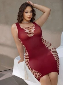 高弹力交叉性感睡袍加大码女士内衣 - 酒紅色 - 查看 1