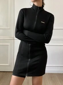 DAZY Women's Front Zip Long Sleeve Minimalist Short Casual Dress