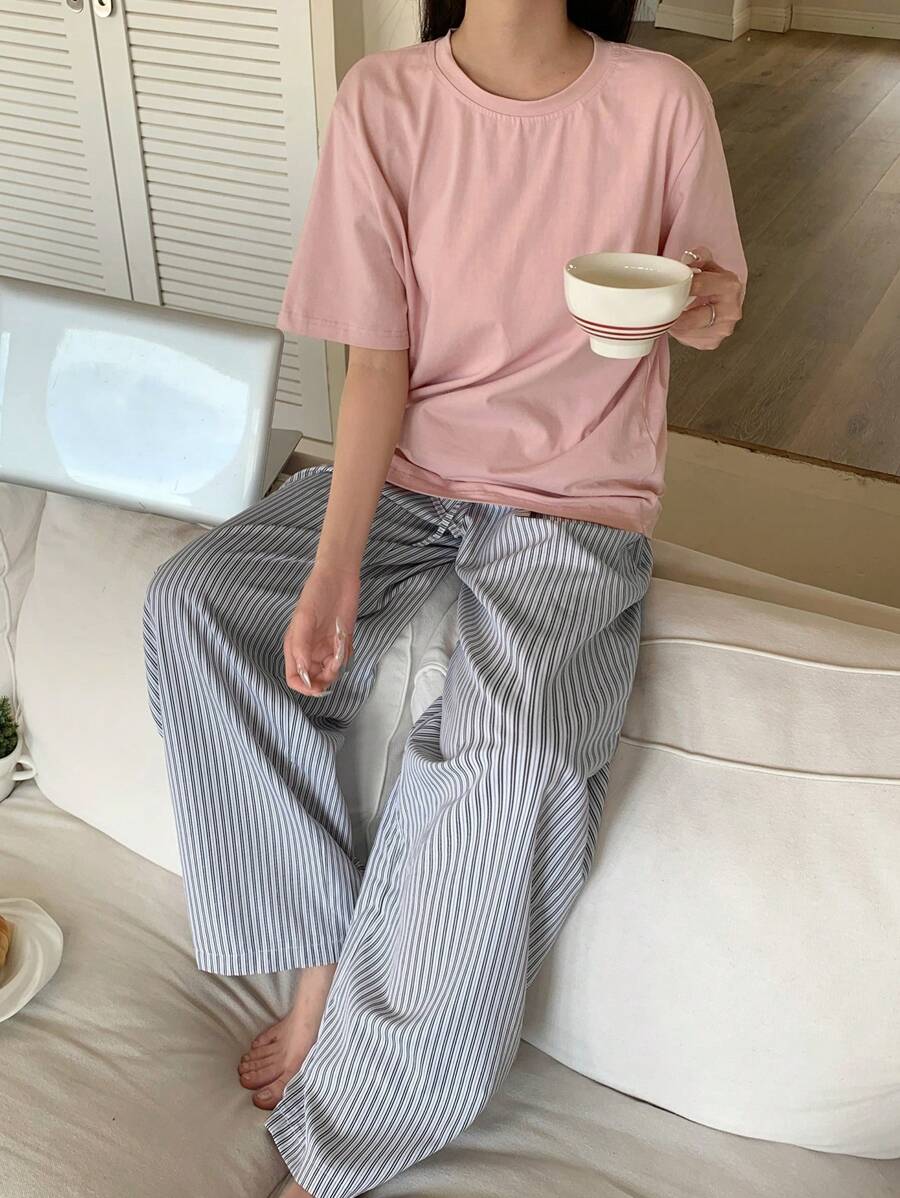 DAZY 2pcs Minimalist Stripe Shirt And Pajama Pants Homewear Set - Multicolor - View 1