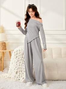 SHEIN 2pcs Teen Girls' Fall Gray Texture Off Shoulder Long Sleeve Fitted Top & Wide Leg Pants Casual Outfit Set - Dark Grey - View 3