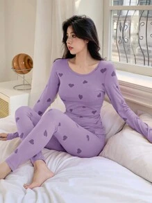 DAZY Bộ đồ ngủ dài tay cổ tròn in hình trái tim cho nữ - Bụi tím - Xem 1