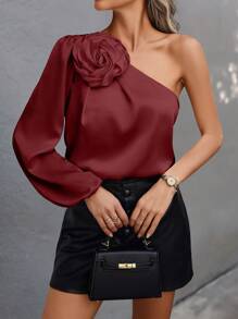 SHEIN Clasi 女士不对称领口露肩优雅3D花卉装饰衬衫单肩上衣秋季女装 - 酒紅色 - 查看 4