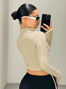 SHEIN ICON Casaco Cropped Slim Fit com Zíper de Manga Longa e Cor Sólida, Conjunto Casual Esportivo de Outono para Mulheres Estilo Y2k - Damasco - Visão 2