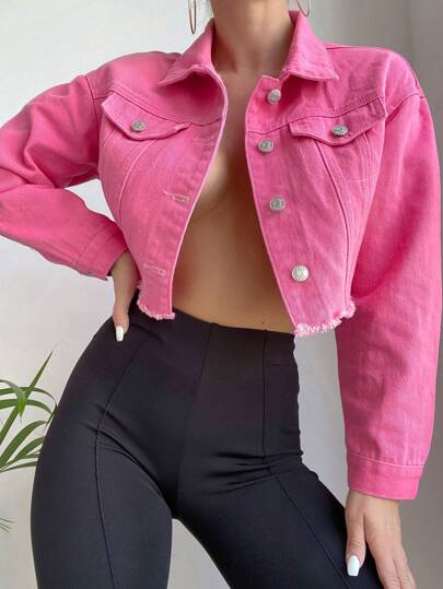 Chaqueta vaquera corta con flecos y color liso casual para mujer, para primavera/otoño