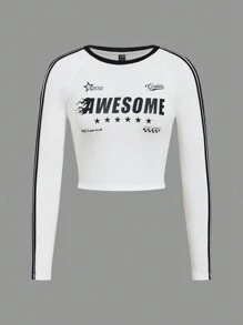 SHEIN EZwear 女士秋冬街头潮流图案编织带圆领长袖修身 T 恤 - 白色 - 查看 1