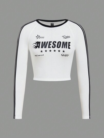 SHEIN EZwear 女士秋冬街头潮流图案编织带圆领长袖修身 T 恤