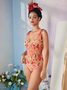 Frida Kahlo X SHEIN X Designer RAUL OROZCO Boho Bohemian Floral Printed Knot Strap Bustier Cami Bodysuit, Holiday, Vacation, Spring & Summer, Festival - Red - View 4