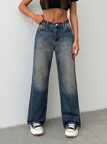 EURMUSE 100% Cotton WOMEN WIDE LEG BELTED MID WAIST JEANS - Medium Wash - View 5