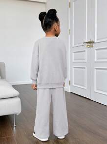 SHEIN Leap Crew 女童休闲针织印花卫衣裤套装（2件套），适合秋冬季节，灰色 - 灰色 - 查看 2