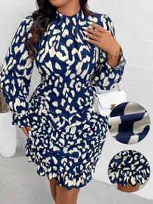 SHEIN Unity Vestido casual de manga larga con cuello, plisado y estampado de leopardo en talla grande, estampado aleatorio - Multicolor - Ver 1