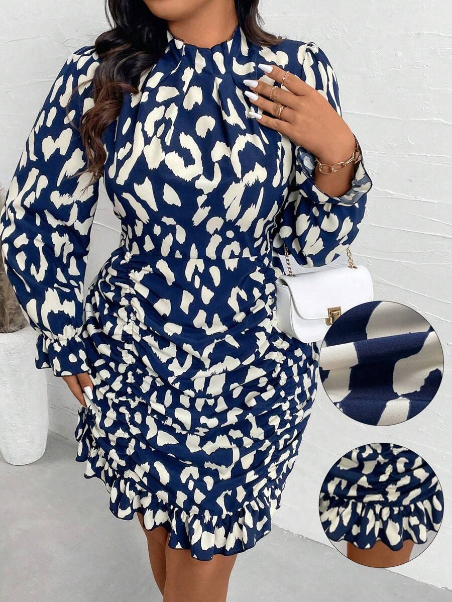 SHEIN Unity Vestido casual de manga larga con cuello, plisado y estampado de leopardo en talla grande, estampado aleatorio - Multicolor - Ver 1