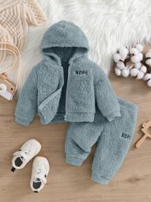SHEIN 新生男婴/女婴可爱刺绣字母图案连帽夹克和裤子套装，秋冬