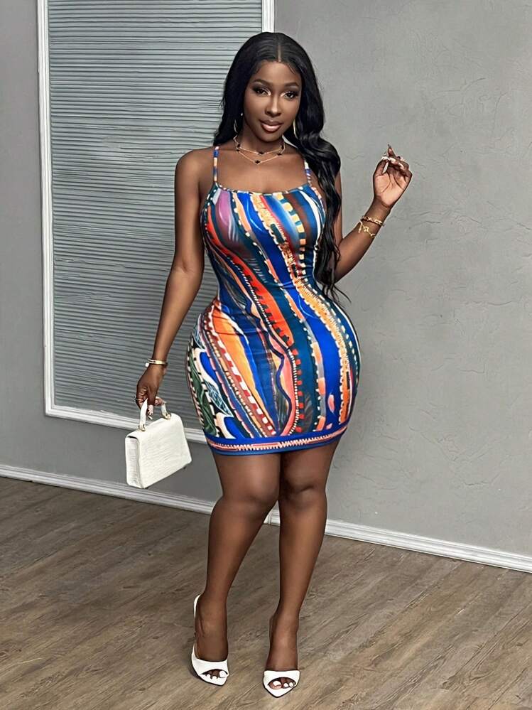 SHEIN Slayr Casual Vacation Elegant Sexy All Match Versatile Spaghetti Strap Multicolor Abstract Print Mini Bodycon Dress For Women SHEIN UK