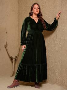 Váy chữ A cổ chữ V nhung cỡ lớn dành cho nữ - màu xanh lá - Xem 6