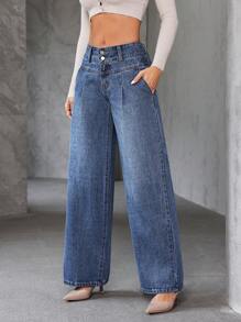 SHEIN Essnce 女式宽松休闲喇叭牛仔裤，带口袋 - 藍色 - 查看 5