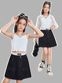 3pcs Tween Girls' Loose Casual Short Hollow Out Long Sleeve Top, Cami Top & Skirt Outfit With Fashionable Cargo Feel