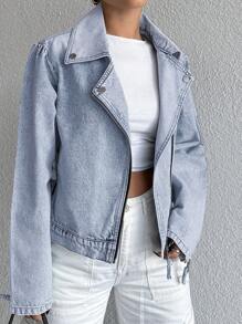 EURMUSE Women's Motorcycle Style Denim Jacket - Blue - View 3