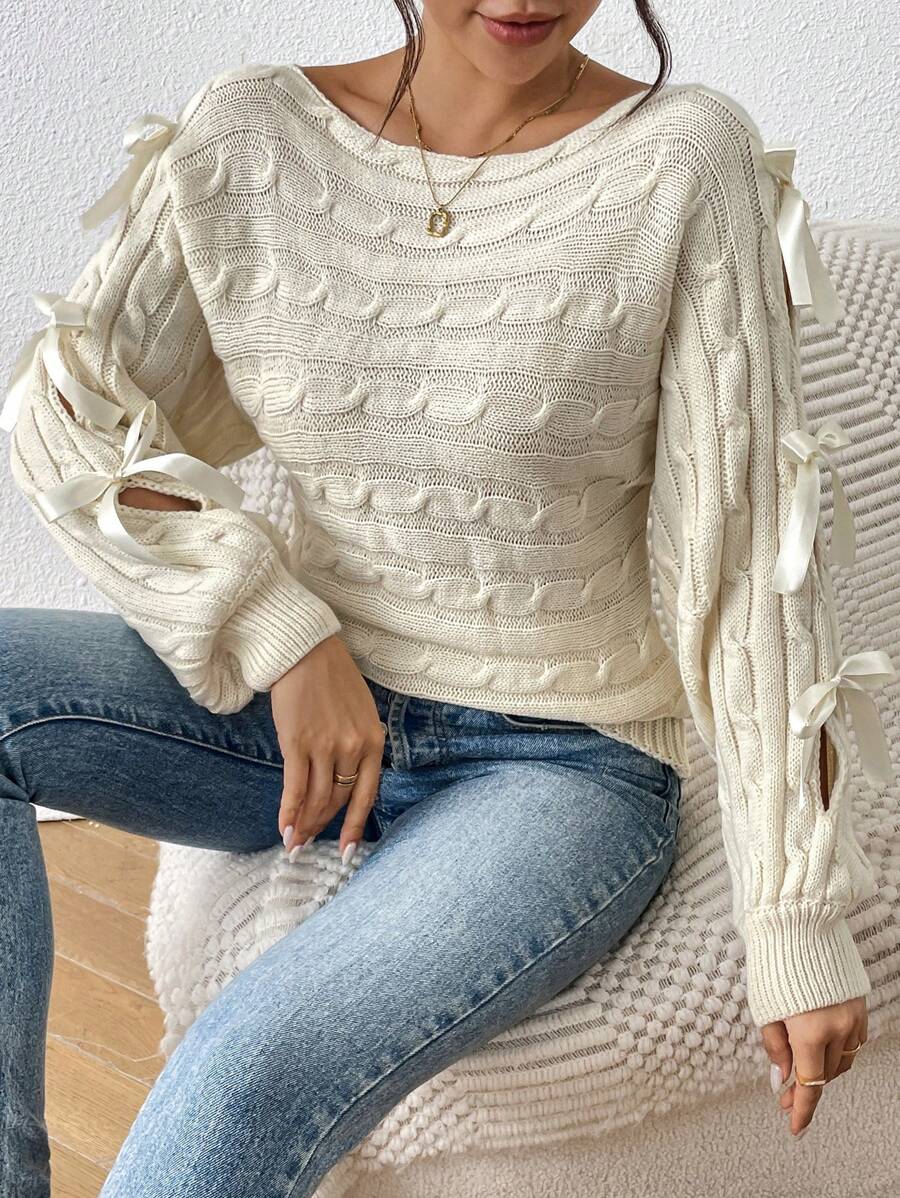 Chiquease Women's Solid Color Round Neck Hollow Out Long Sleeve Bow Decor Sweater, Autumn & Winter, Knit Pullover Fall - Apricot - View 1