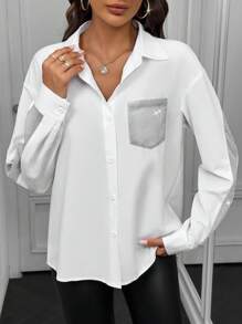 Chiquease 女士休闲亮片拼布翻领长袖衬衫 - 白色 - 查看 6