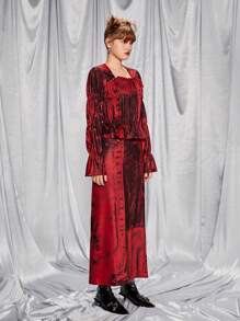 SHEIN 万圣节少女牛仔印花短款上衣和长裙套装，适合搭配单肩包、背包、斜挎包、棒球帽、渔夫帽、贝雷帽、踝靴、休闲鞋、玛丽珍鞋、太阳镜、耳机 - 紅色 - 查看 3