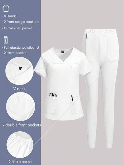 TaskEZ 2pcs Solid V-Neck Short Sleeve Pocket Minimalist Top And Pants Uniform Scrub Set