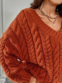 SHEIN Unity Plus Size Solid V-Neck Long Sleeve Minimalist Fall Sweater, Casual Everyday Wear, For Winter Knit Pullover - Orange - View 3