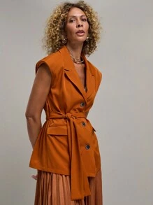 SHEIN Unity 女式秋季纯色翻领单排扣蝙蝠袖西装外套 - 鏽棕色 - 查看 7