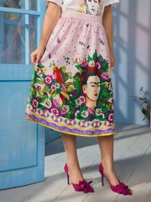 Frida Kahlo X SHEIN 大码优雅甜美粉色蝴蝶雏菊肖像艺术几何波尔卡圆点印花裙 - 彩色 - 查看 5