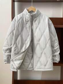 2pcs Tween Boy Quilted Padded Collar Jacket And Messenger Bag Set, Casual Style For Fall And Winter - Grey - View 3